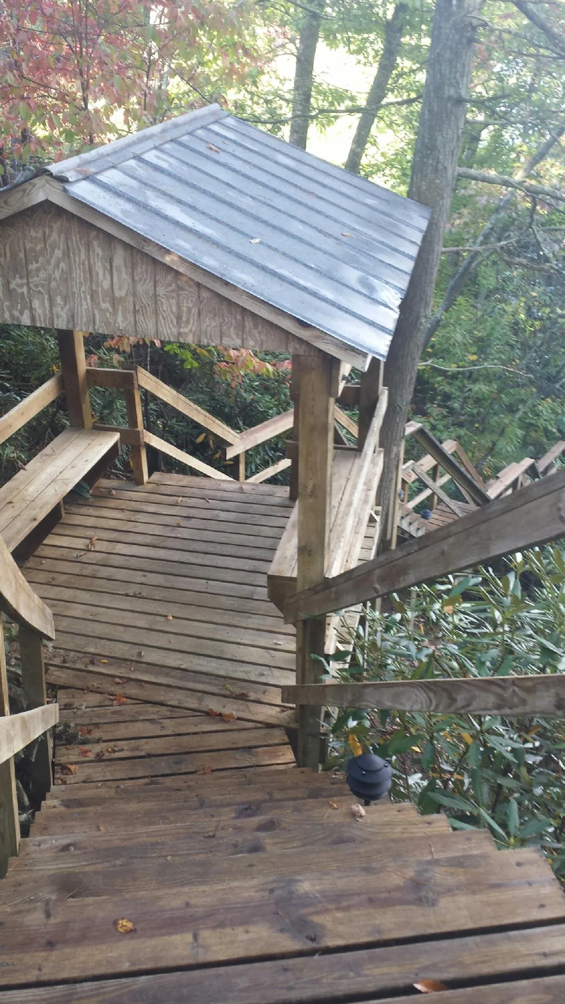 Metal roofed shelter over wooden steps on a wooded walkway — Skylight Repair & Installation work by our crew in Hector